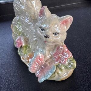 Vintage Glazed Ceramic Cat Figurine Kitten with Butterfly‎ and Flowers Decor